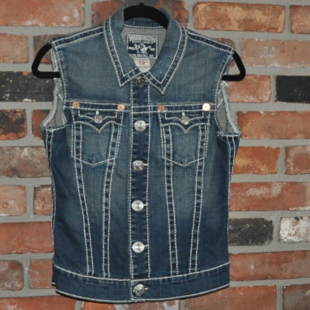 True Religion Blue Denim Sleeveless Jacket Jean Vest Emily Big T Bold Stitch L